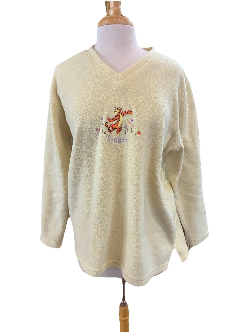 Vintage Disney Tigger Fleece Pullover Womens Large Yellow Pooh V-Neck